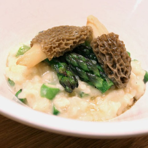 Asparagus Risotto with Sauteed Morels and Cream